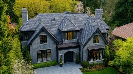 Top of grey stucco luxury house with shingle roof, green trees and nice windows in Spring in Vancouver, Canada, North America. Day time on April 2025.
