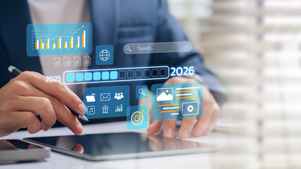 Digital transformation and marketing innovation trends 2026 visualized futuristic analytics dashboard, business planning insights, performance growth and strategic forecasting via smart technology