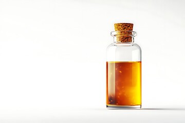 glass bottle filled with yellow oil is sealed with a cork