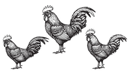 Side view of vintage rooster engraving detailed feathers standing upright bold traditional woodcut poultry style