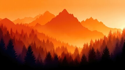 Mountain range silhouettes at sunset, with dense forest.