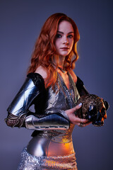 Elegant woman in shimmering armor holds a mysterious skull in a dazzling castle core setting