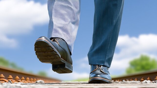 Businessman walking on railway tracks in formal shoes and blue jeans outdoors