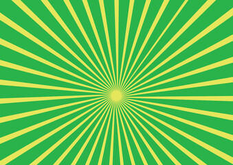 Green background with yellow rays. Sun burst and starburst. Retro texture with light sunburst. Abstract pattern with sunlight. Art with green and yellow stripes.