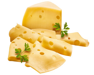 pedaços de queijo suíço acompanhado de folha de salsinha isolado em fundo transparente