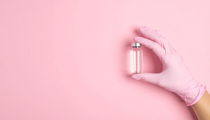 Hand in medical glove holding glass vial with liquid. Health and medicine treatment. Drug, vaccine.