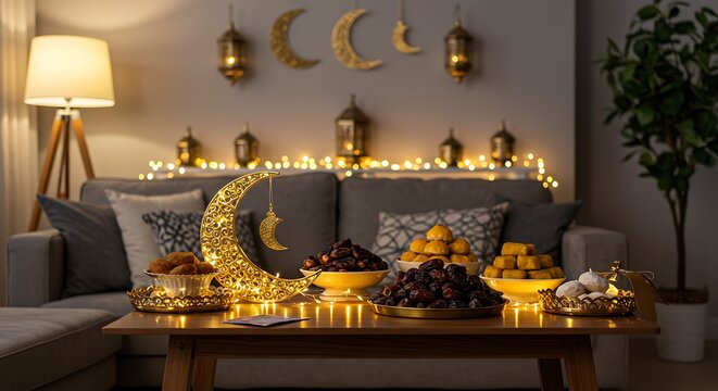 Warm and inviting living room decorated for Ramadan