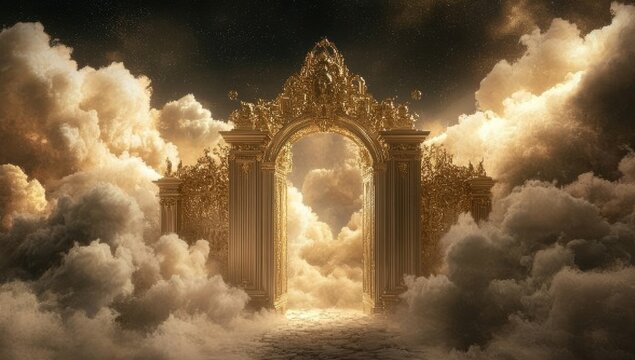Golden archway portal through clouds