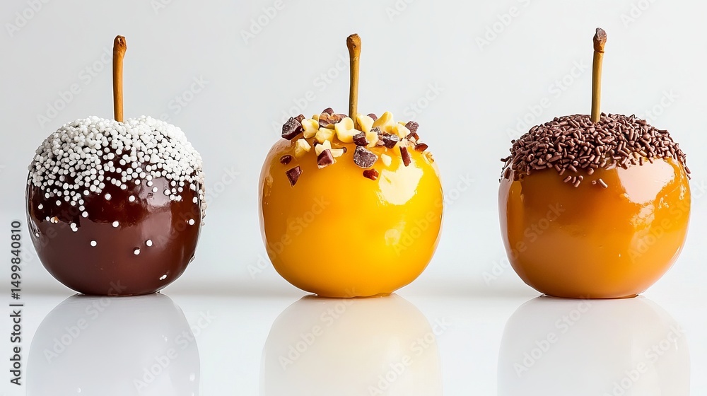 Aufkleber three caramel apples are displayed with different toppings on a reflective white surface.