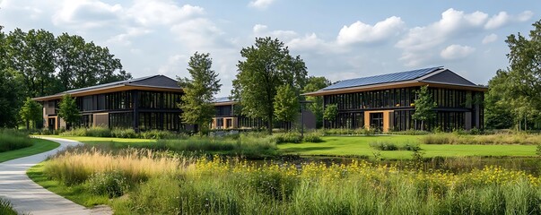 Modern office park, green landscape, sunny day