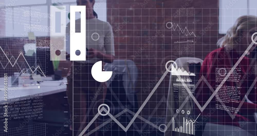 Poster Office co-workers ending call triggers data overlays during report review for business analytics
