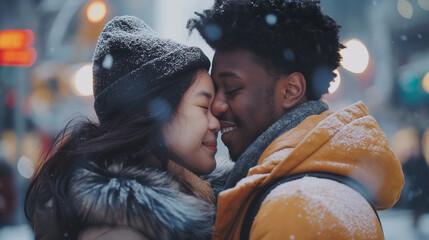 Interracial couple touching foreheads in snowy urban setting.