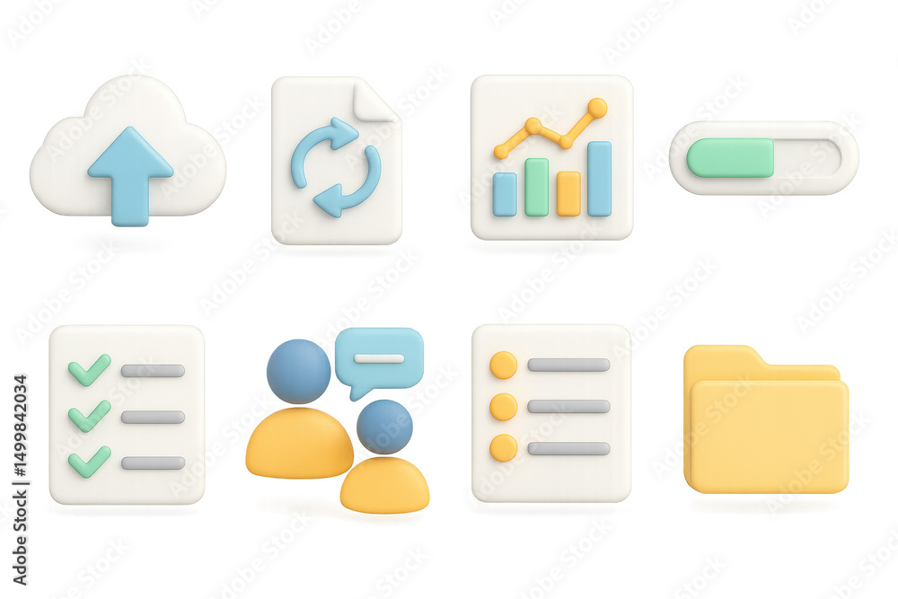 Poster workflow management 3d set. productivity and organization symbols in vibrant 3d style