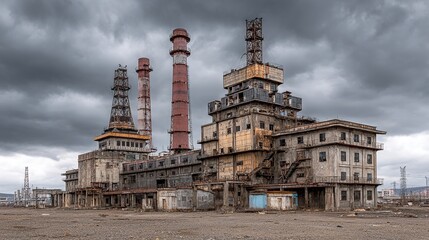 Dilapidated industrial complex with smokestacks and decaying architecture, set against a gloomy, overcast sky and deserted landscape.
