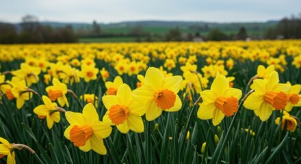 Vibrant Yellow Daffodil Field in Spring; Spring Daffodil Meadow Landscape Photography