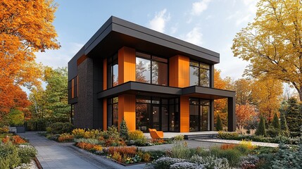 Contemporary house with a striking facade and warm color palette.
