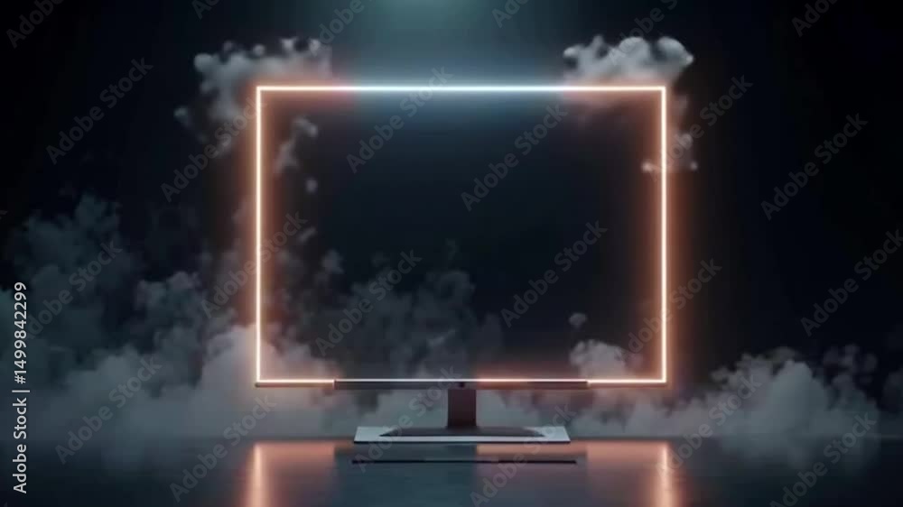 Poster desktop computer glowing with neon frame against smoky background