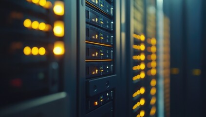 Close-up server rack array, illuminated by glowing orange lights