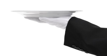 Man with empty plate on white background, closeup