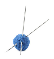 Ball of blue yarn and knitting needles isolated on white