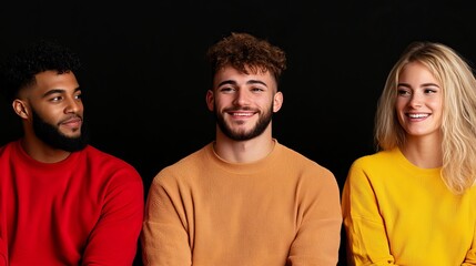 Fototapeta premium Three people smile, wearing colorful sweaters against a plain black background, showcasing diverse styles.