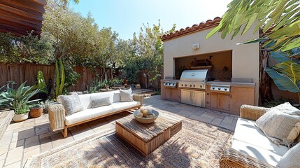 Cozy backyard patio with comfortable seating and a built-in grill. -