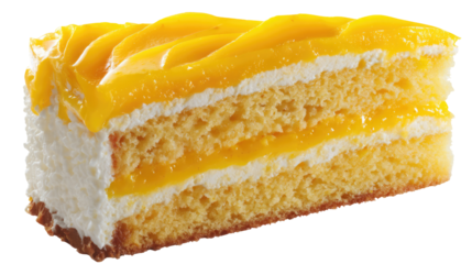 Mango-flavored cake slice on white background, no shadow