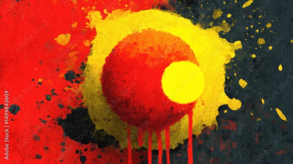 Poster vibrant red and yellow paint splashes against a deep black background creating an artistic visual co