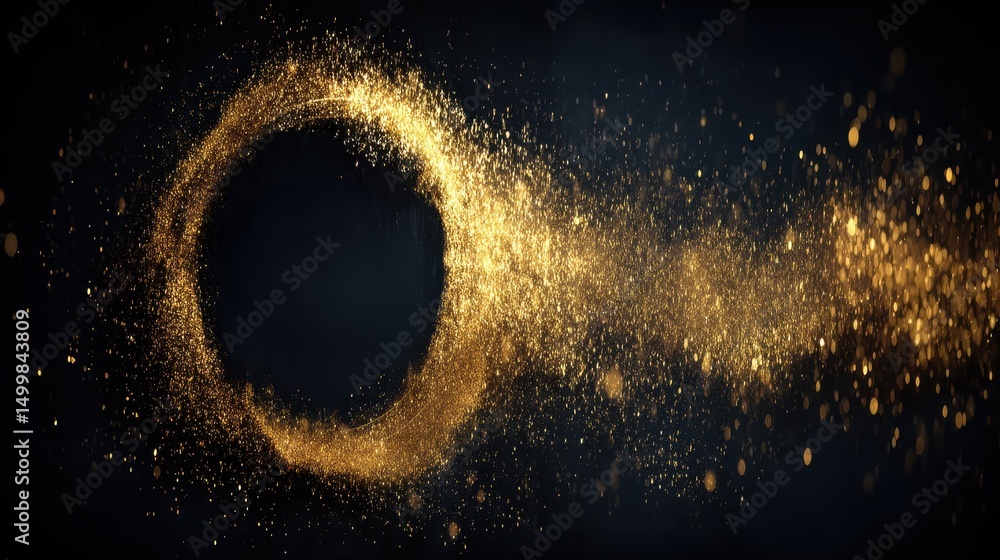 Poster mysterious black hole surrounded by sparkling gold dust against a dark background creating an enigma
