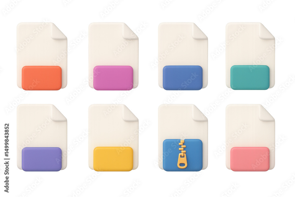Poster file management 3d set icons. simple document and organization symbols