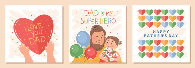 Father's Day card set. Vector cute illustration of dad and of little daughter. Template with holiday wishes for postcards, posters, banner, ads.