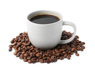 Aromatic coffee in cup and pile of beans isolated on white