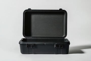A black, empty, hard plastic case with a hinged lid slightly ajar, rests on a white background, casting a subtle shadow