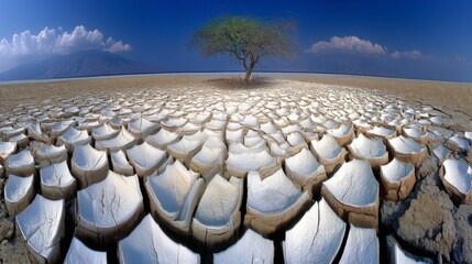 Obraz premium A solitary tree stands in a dry, cracked landscape under a blue sky with scattered clouds
