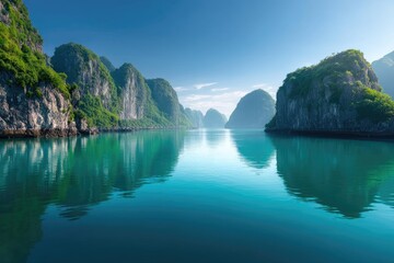 Obraz premium Tranquil bay with lush greenery and calm waters.
