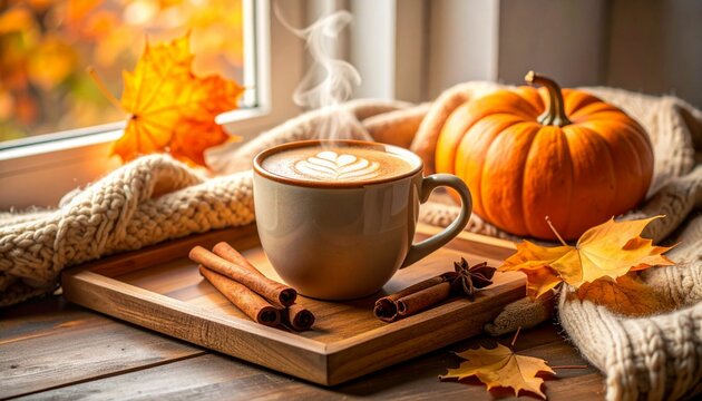 Steaming pumpkin spice latte in ceramic mug on wooden tray with cinnamon sticks and fallen maple leaves, cozy knitted blanket near window.