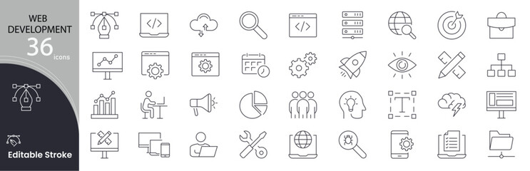 Web development related icons set. Including coding, browser, HTML, design, backend, frontend, server, and hosting. Editable stroke. outline icons.
