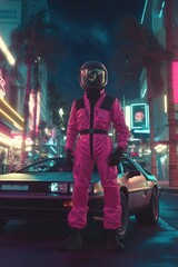 Futuristic astronaut in vibrant pink suit stands beside a retro car in a neon-lit city