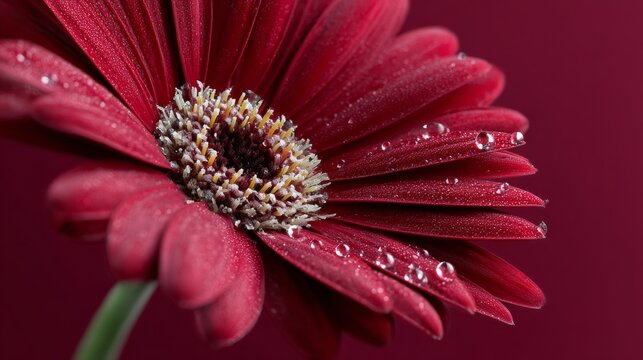 Close up of a red flower with droplets of water on it. The flower is the main focus of the image, and the water droplets add a sense of freshness and life to the scene - Powered by Adobe
