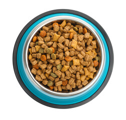 Dry pet food in feeding bowl isolated on white, top view