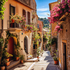 Charming European street view featuring colorful buildings and vibrant flowers cascading from balconies, creating a picturesque scene under a bright sky.