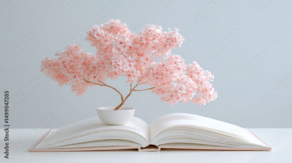 Poster tree is sitting on top of an open book. the tree is pink and the book is white. the scene is peacefu