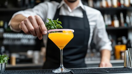 Skilled Bartender Crafting Exquisite Colorful Cocktail at Vibrant Bar
