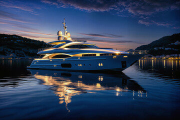 Luxury yacht at twilight, docked near coastline, reflecting lights on still water. Evening sky adds to the serene atmosphere.