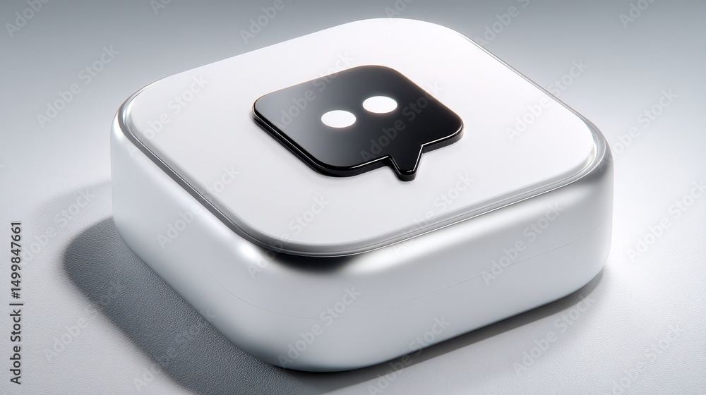 Poster modern white square button with a speech bubble design representing communication and interactive fe