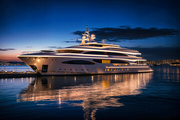Luxury yacht illuminated at dusk. The large ship is docked with lights reflecting in the water under a colorful sky. It is nighttime at the harbor.
