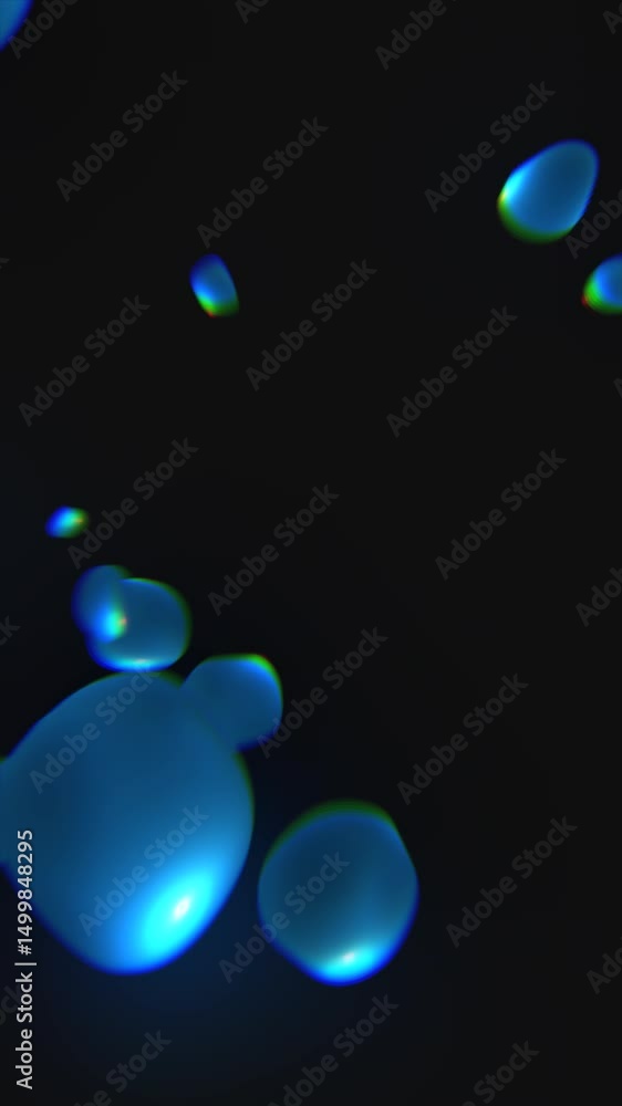Poster floating blue liquid blobs in dark space, creating a glowing fluid motion effect with reflections an