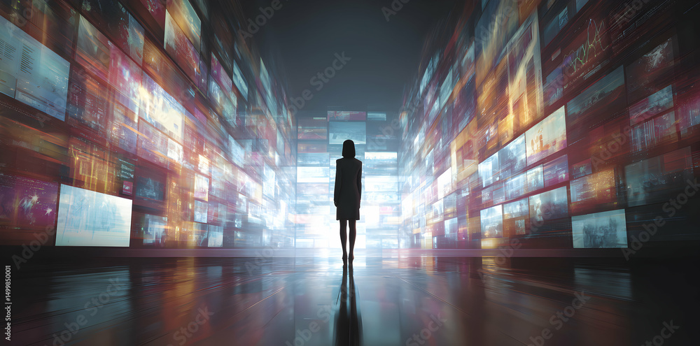 Poster silhouette figure walking through a corridor of illuminated digital screens displays and reflective 