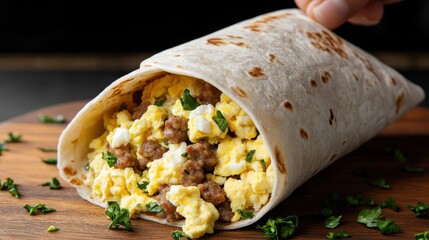 Delicious Burrito Stuffed with Eggs and Sausage on Rustic Wooden Table