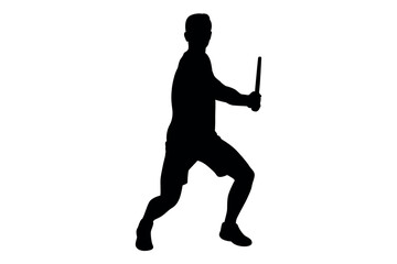 Silhouette of a man playing tennis with a racket in a ready stance